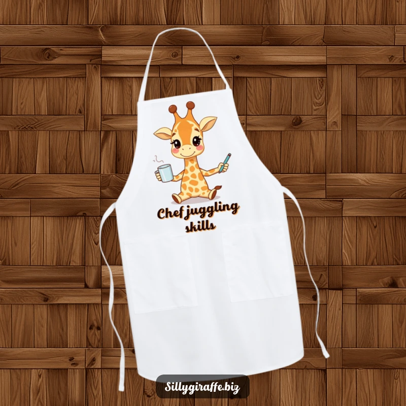 Funny apron with a smiling giraffe character juggling a coffee mug and pen, adding a humorous and practical element to cooking.