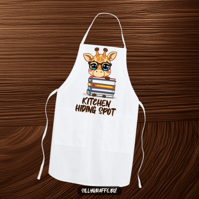 Funny apron with a shy giraffe character hiding behind files, adding a humorous and practical element to kitchen wear.