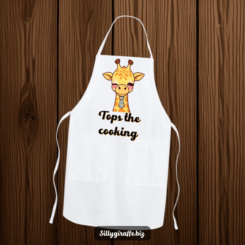 Funny Kawaii Giraffe Apron showing a cute giraffe winking with a tie, ideal for kitchen use and adding office humor.