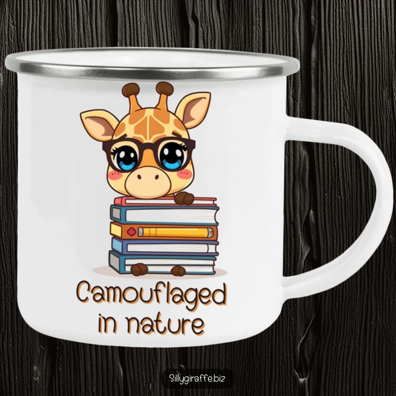 Funny camping mug with a shy giraffe character hiding behind folders, ideal for outdoor adventures and quiet contemplation.
