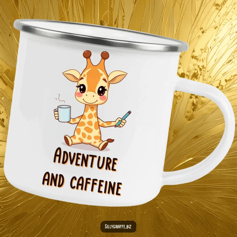 Funny camping mug with a smiling giraffe character juggling a coffee mug and pen, ideal for outdoor enthusiasts who appreciate humor.
