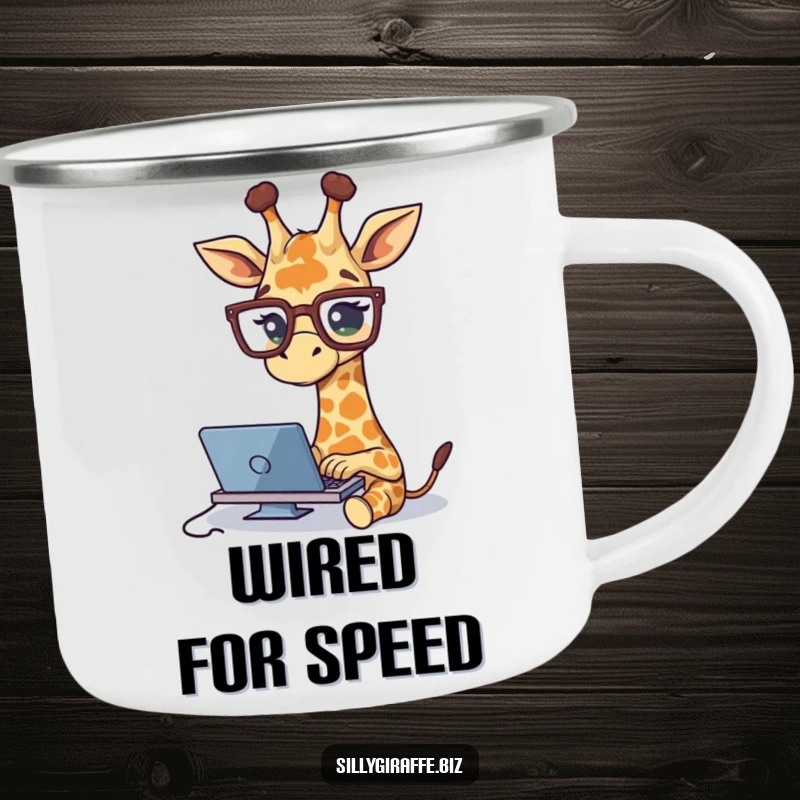 Funny camping mug with a cute giraffe in large glasses typing, perfect for hot beverages during outdoor adventures, humorous and sturdy.