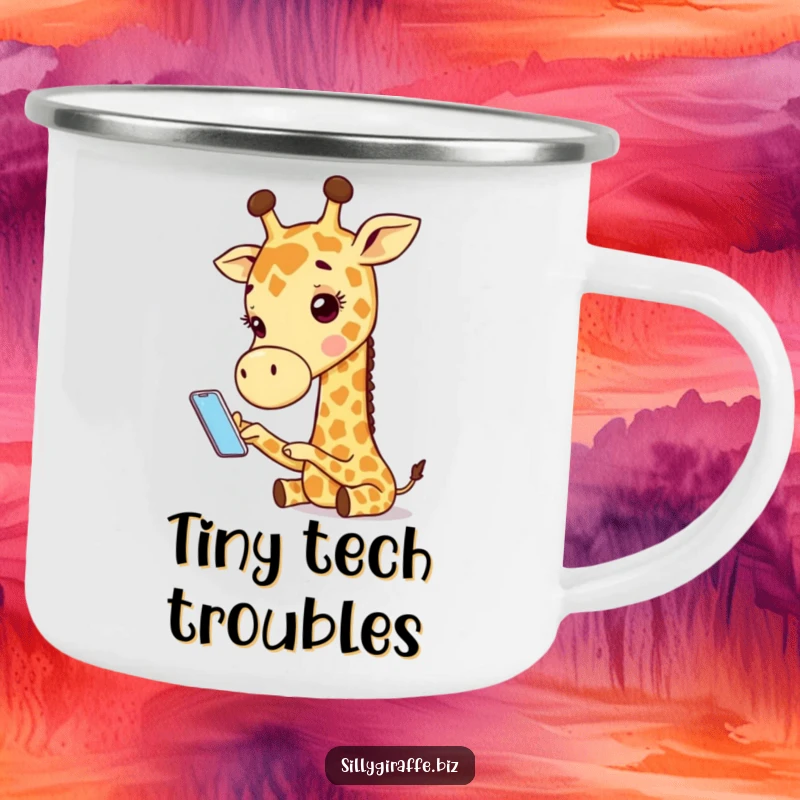 Funny camping mug with an adorable giraffe character comically using a tiny phone, ideal for outdoor adventures and humorous moments.