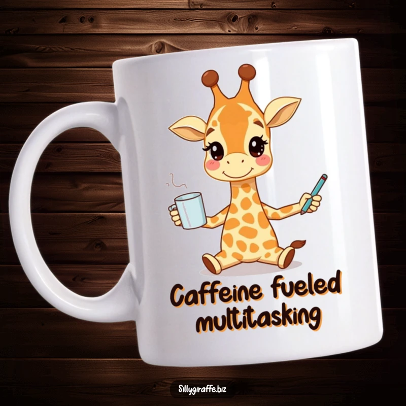 Funny mug featuring a smiling giraffe character expertly juggling a coffee cup and a pen, symbolizing busy work or study life.