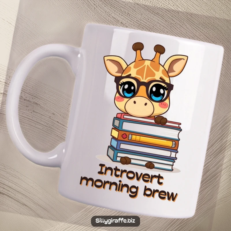 Funny mug with a shy giraffe character peeking from behind a tall stack of office folders, symbolizing workload overwhelm.