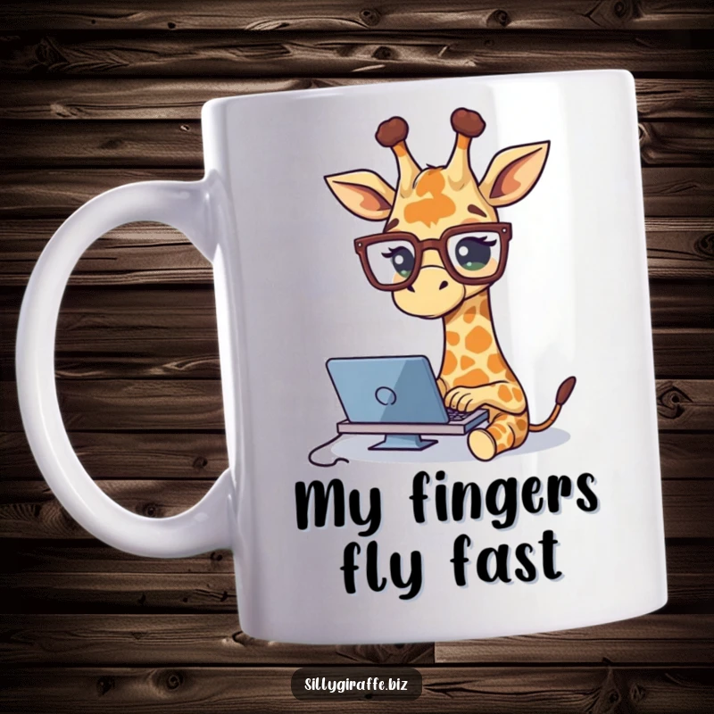 Funny mug showcasing a cute giraffe wearing huge glasses, intensely typing on a keyboard, symbolizing a busy and humorous work-from-home vibe.