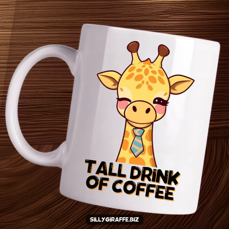 Funny Kawaii Giraffe Mug winking playfully while wearing a tiny, askew office tie, ideal for office humor and animal lovers.