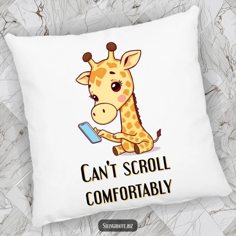 Funny pillow featuring an adorable giraffe character fumbling with a tiny phone, providing humorous comfort and a quirky decorative touch.