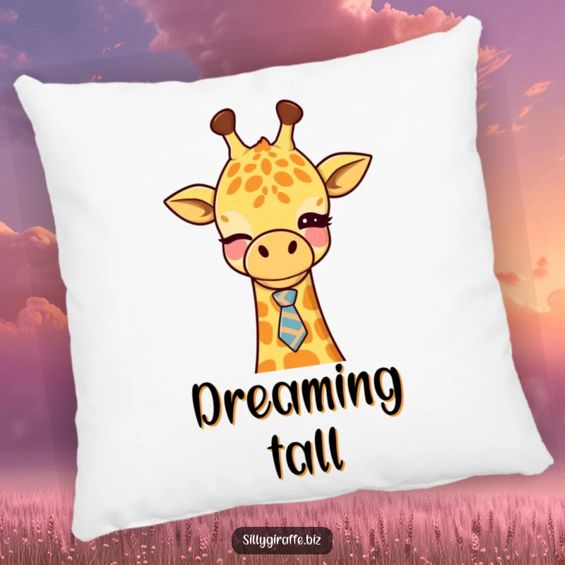 Funny Kawaii Giraffe Pillow featuring a cute giraffe winking and wearing a tie, offering comfort and a humorous decorative element.