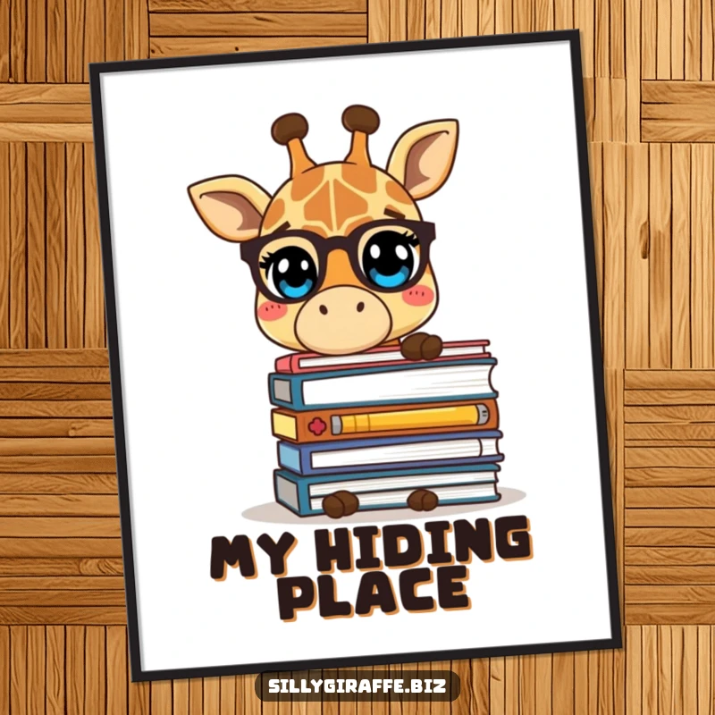 Funny digital art print of a shy giraffe character hiding behind folders, perfect for whimsical and humorous, calming wall decor.