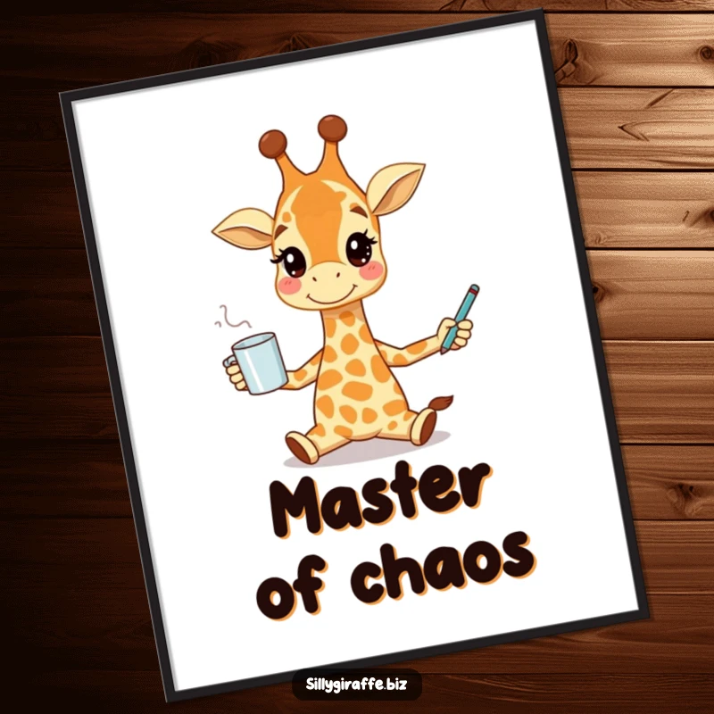Funny digital art print of a smiling giraffe character juggling a coffee mug and pen, perfect for adding whimsical and humorous decor.