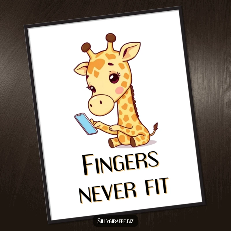 Funny digital art print of an adorable giraffe character comically using a tiny phone, perfect for whimsical and humorous tech-themed decor.