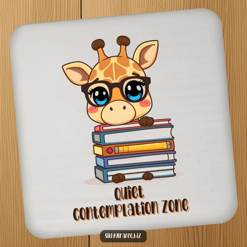 Funny drink coaster featuring a shy giraffe character hiding behind folders, offering humorous protection for surfaces.