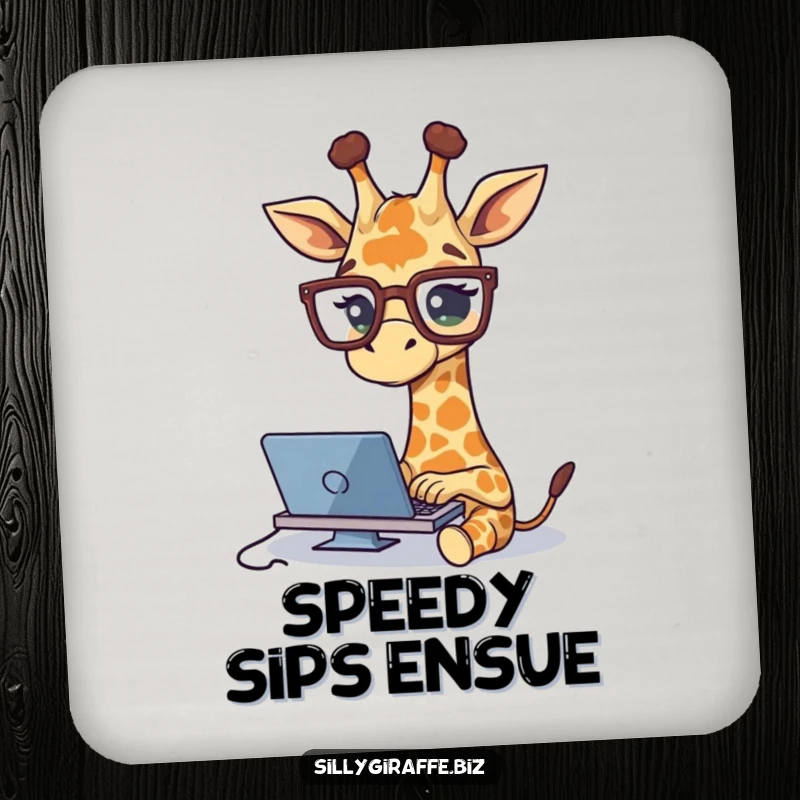 Funny drink coaster featuring a cute giraffe wearing glasses, typing, protecting surfaces with humorous desk flair and style.