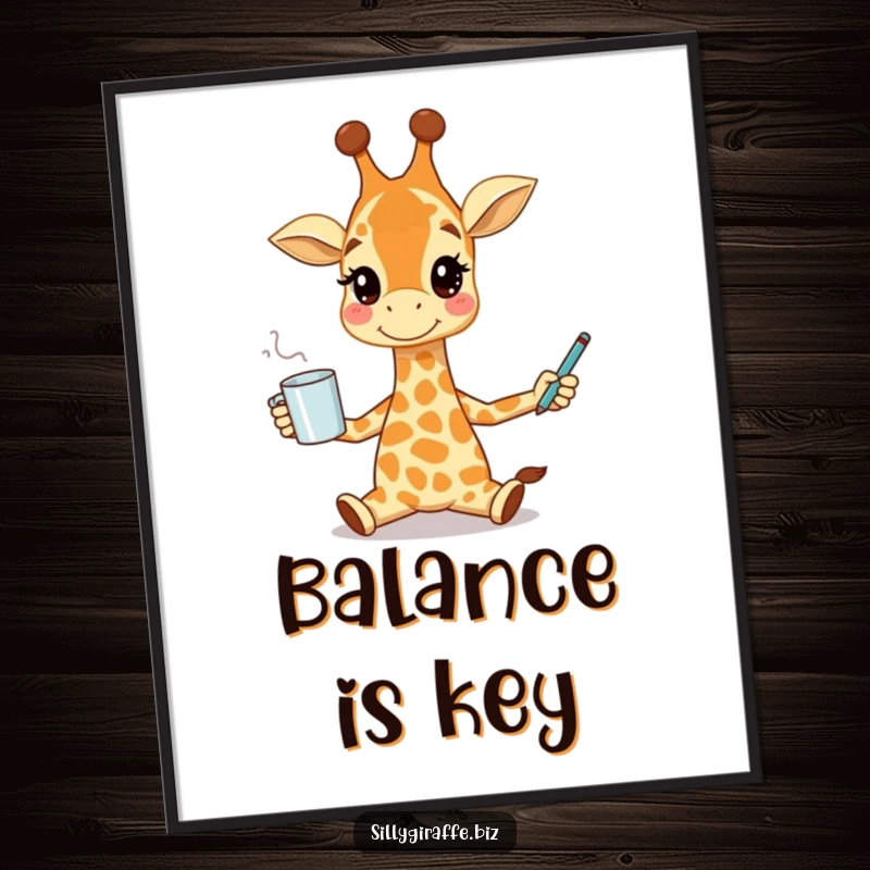 Funny poster of a smiling giraffe character skillfully juggling a coffee mug and a pen, adding whimsical charm to wall decor.