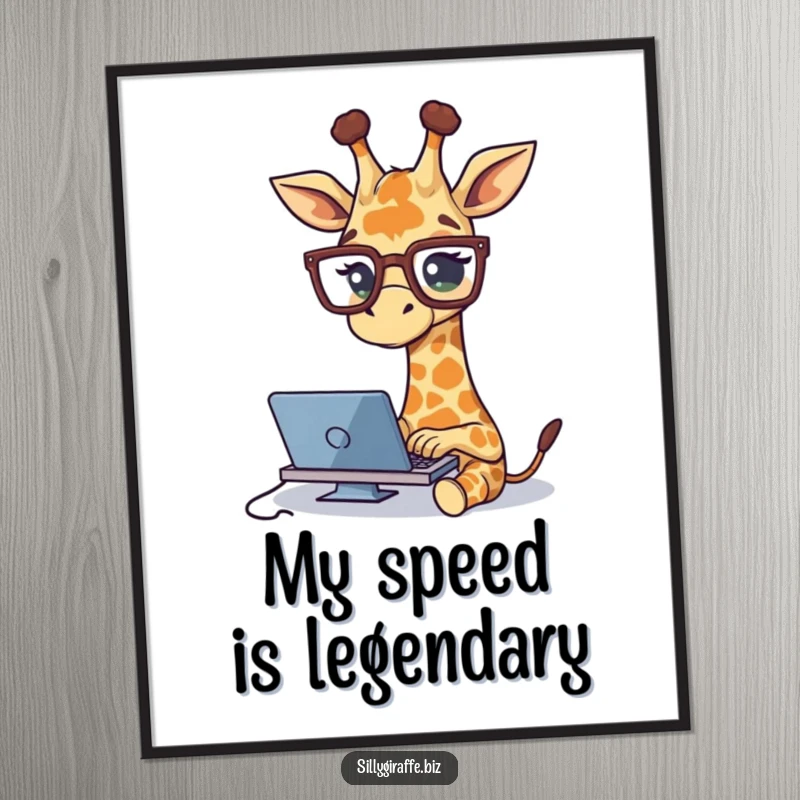 Funny poster of a cute giraffe in oversized glasses, typing rapidly, adding a whimsical and humorous touch to wall decor.