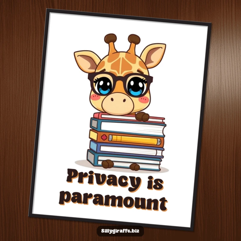 Funny poster of a shy giraffe character hiding behind a large stack of files, adding whimsical and humorous wall decor.