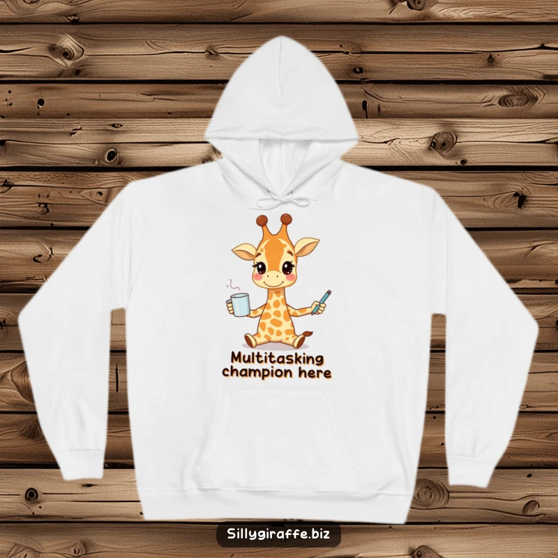 Funny hoodie with a smiling giraffe character impressively juggling a coffee mug and a pen, ideal for cozy and humorous relaxation.