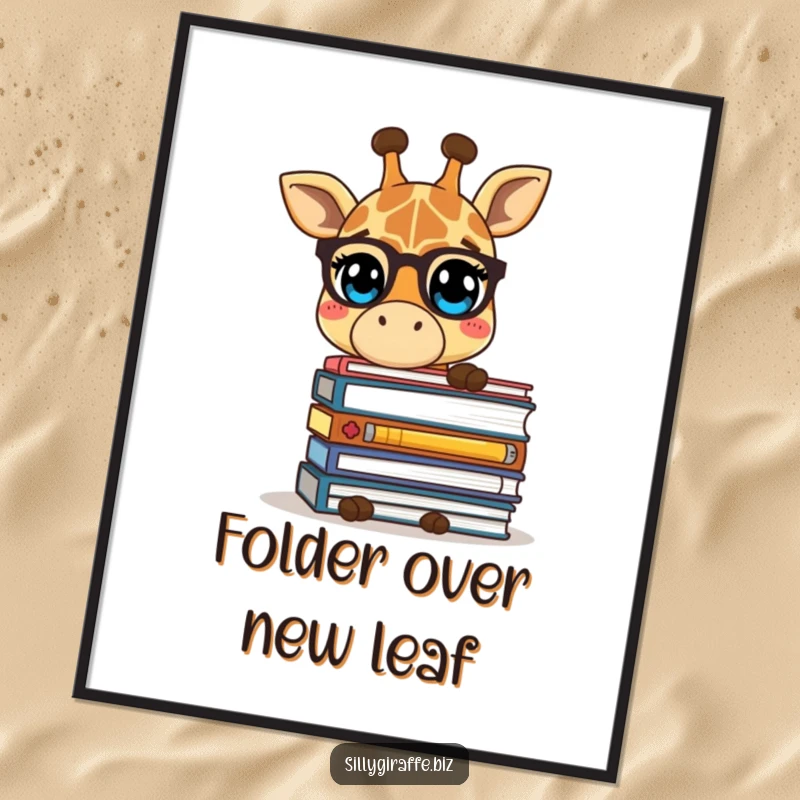 Funny Free Printable Wall Art: A shy giraffe peeking from behind stacks of folders, evoking a sense of quiet contemplation and introversion.