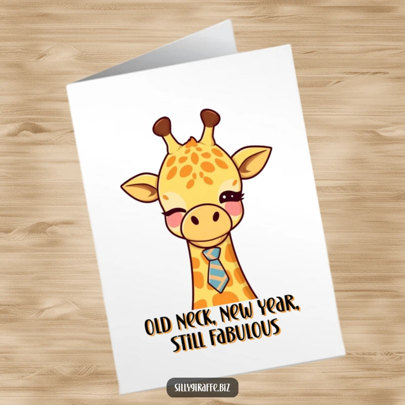 Funny free printable birthday card: Adorable kawaii giraffe winking, sporting a tiny, askew office tie, full of charm.