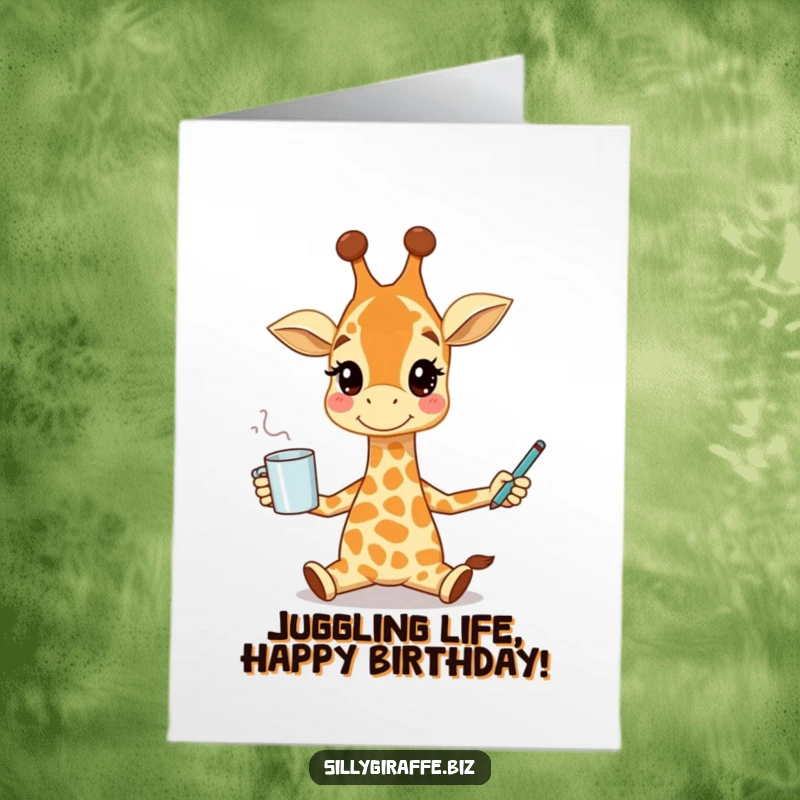 Funny Free Printable Birthday Card: Smiling giraffe expertly juggling a coffee mug and a pen, representing a chaotic but happy morning.