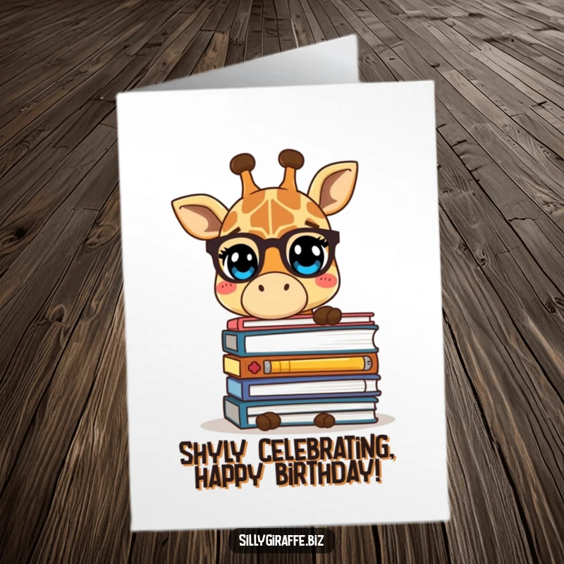 Funny Free Printable Birthday Card: A shy giraffe peeking out from behind a large stack of office folders, symbolizing workload and introversion.