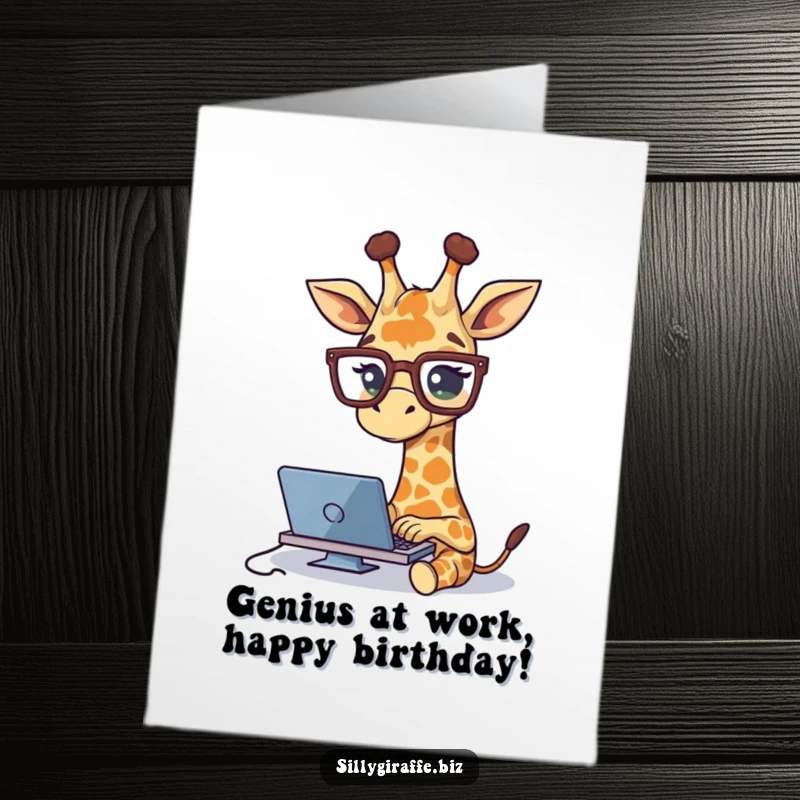 Funny Free Printable Birthday Card: Giraffe in oversized glasses typing furiously, symbolizing deadline panic and office humor.