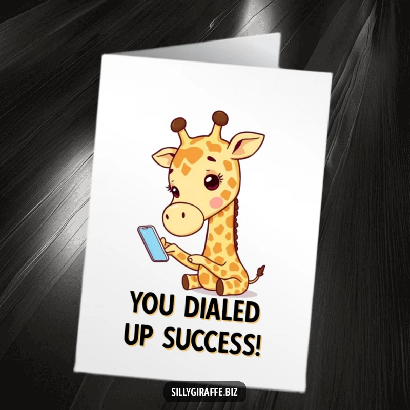 Free Printable Congratulations Card: A cute giraffe fumbling with a minuscule phone, a funny representation of trying to connect.