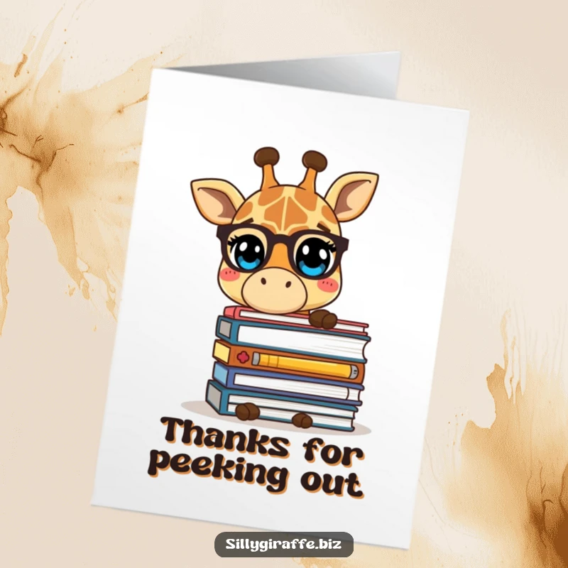 Funny Free Printable Thank You Card: A timid giraffe hiding behind folders, offering a quiet but sincere thank you.