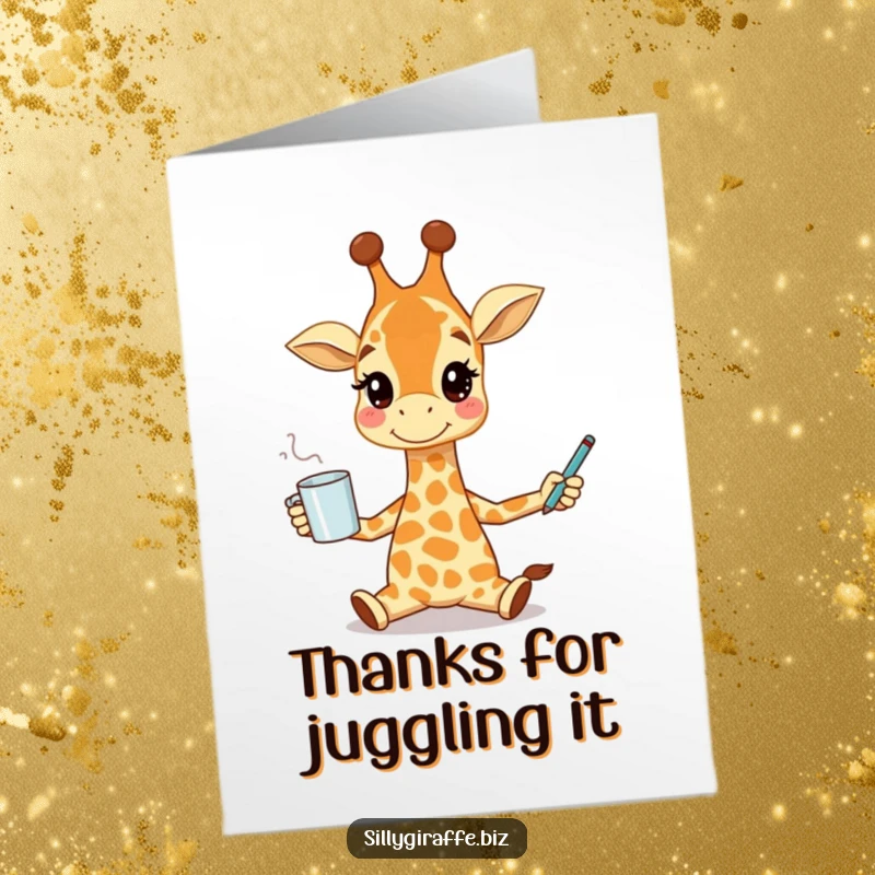 Funny Free Printable Thank You Card: A smiling giraffe skillfully juggles a coffee cup and pen, a lighthearted way to say thanks.