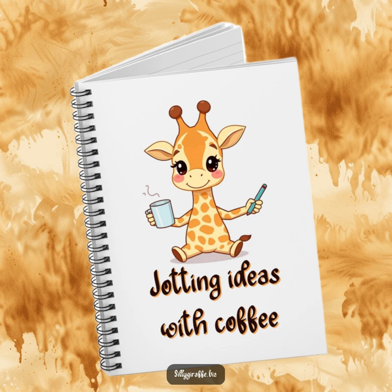 Funny notebook showcasing a smiling giraffe juggling a coffee mug and pen, perfect for notes, plans, and humorous doodles.
