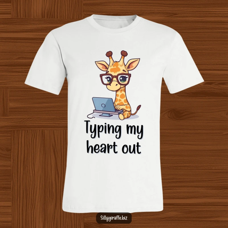Funny t-shirt with a cute giraffe wearing large glasses, typing rapidly, depicting a humorous and studious work or study session.