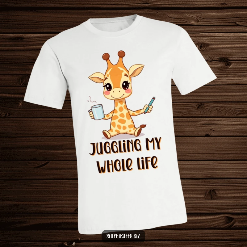 Funny t-shirt depicting a smiling giraffe character balancing a coffee mug and a pen, representing a humorous take on productivity.