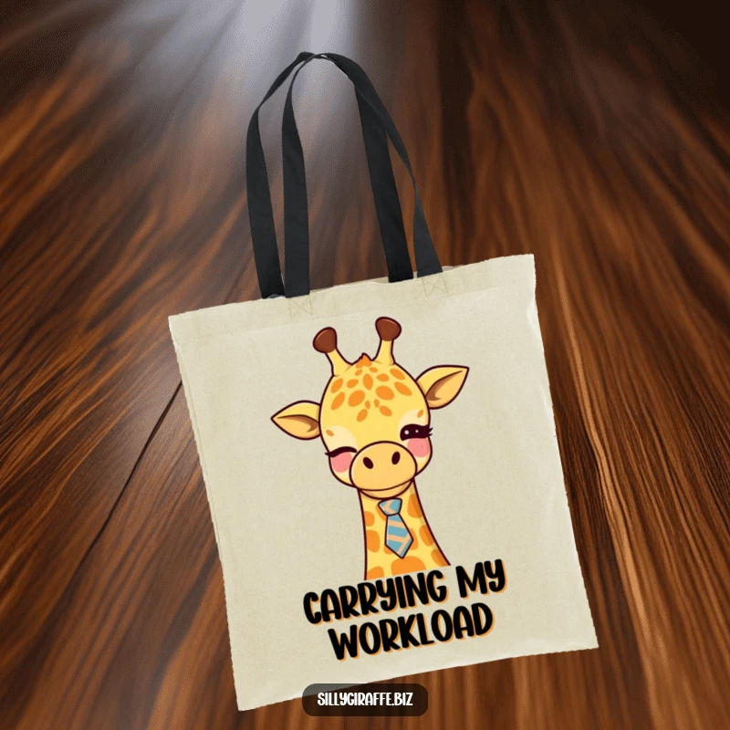 Funny Kawaii Giraffe Tote Bag with a cute giraffe winking and a crooked tie, ideal for office supplies and adding a humorous touch.
