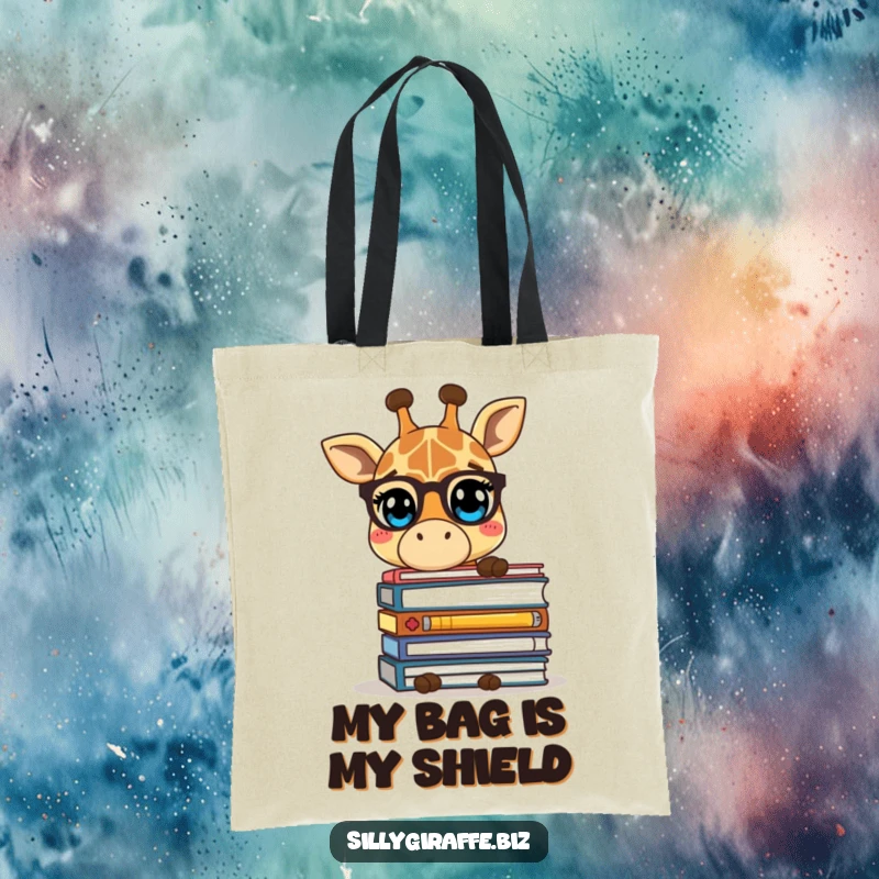 Funny tote bag featuring a shy giraffe character hiding behind a stack of folders, a humorous accessory for carrying daily items.